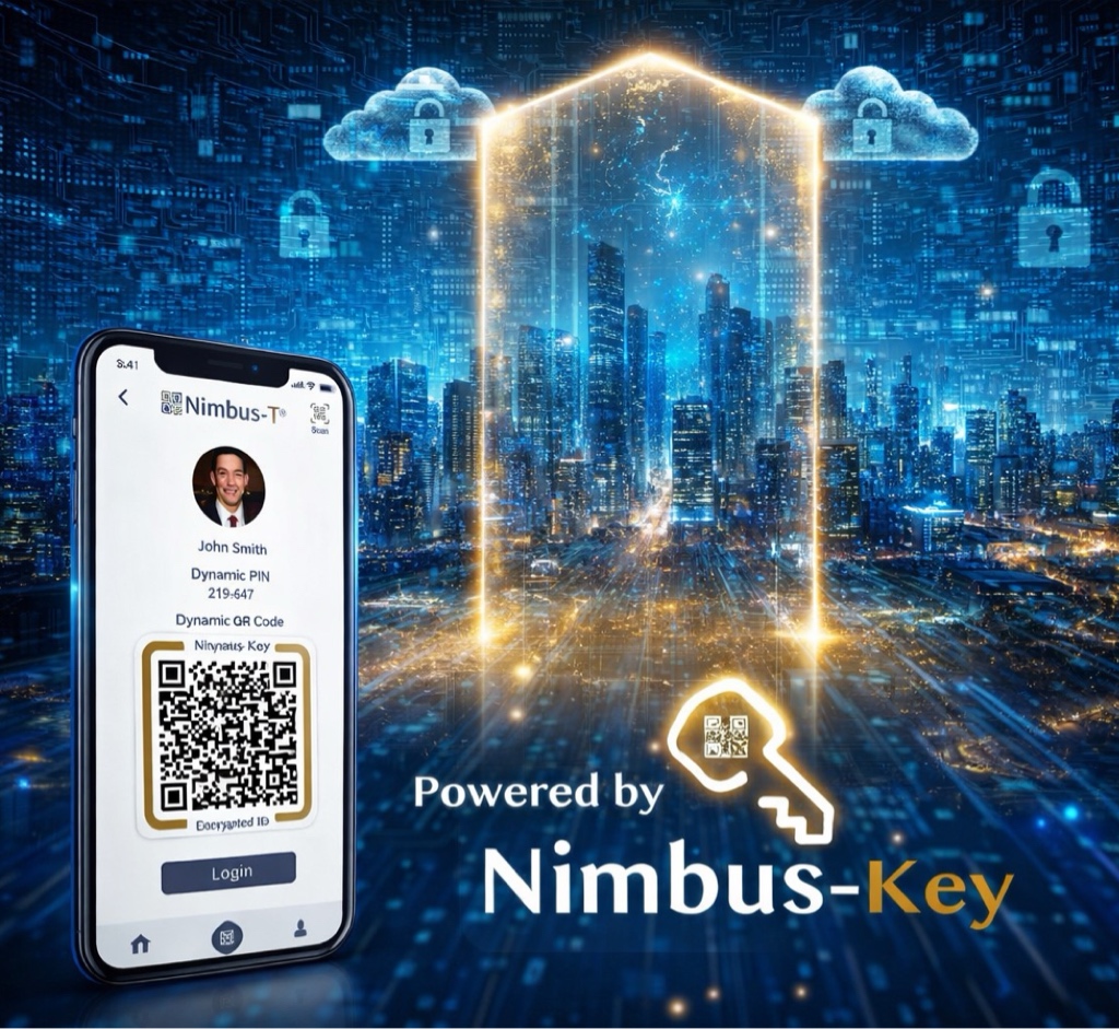The Nimbus-Key mobile app showing a dynamic ID card, dynamic PIN, and encrypted QR code.